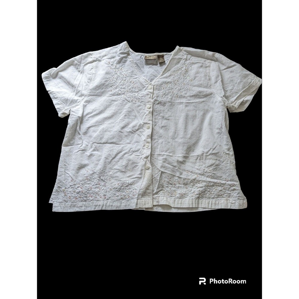 Vintage Jane Ashley Women Top Blouse XXL White Embellished Embroidery 90s Button